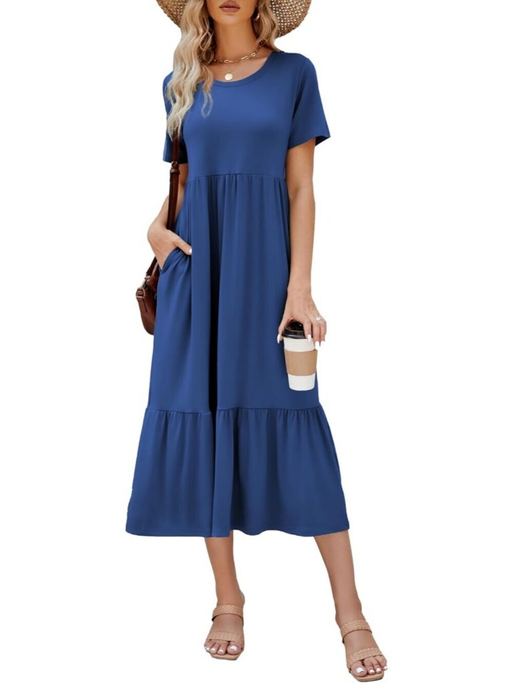 Women's Blue Sea Sundress Short Sleeve Tiered Beach with Pockets Maxi Dress